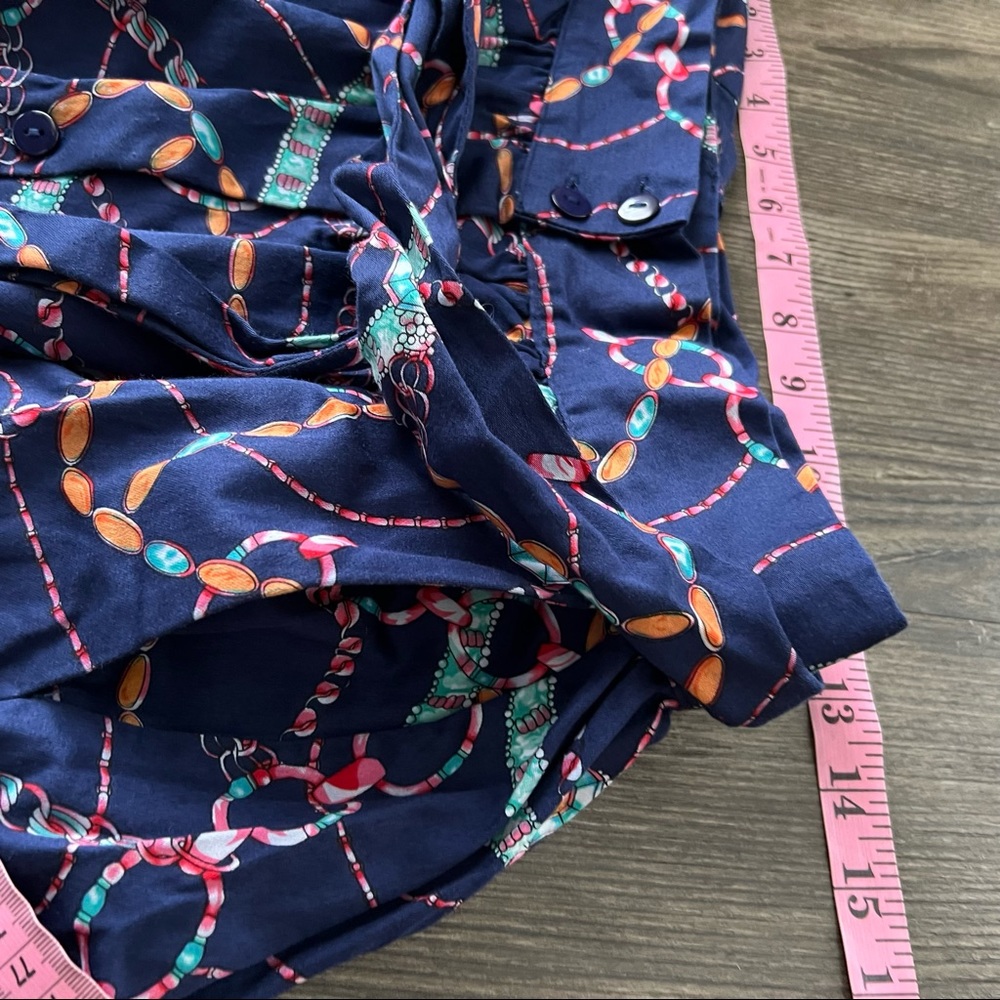 Umgee Blue Geometric Print Button Front Paper Bag Waist Knee Length Skirt - Picture 8 of 13